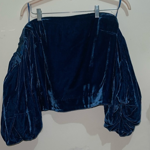 Mare Mare Free People Boho  Velvet Blue Off Shoulder Pudd Sleeve Top - Picture 3 of 6